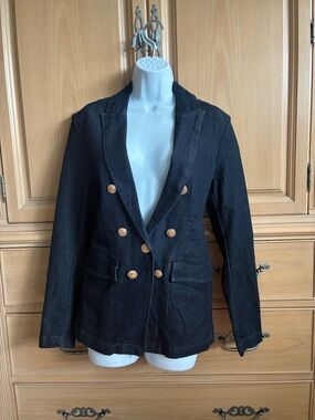 Dark Blue Denim Double-Breasted Women's Blazer Jacket